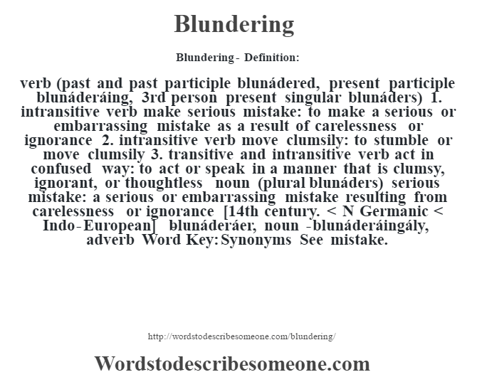 More 330 Blundering Synonyms. Similar words for Blundering.